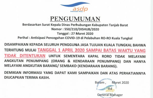 Tangkal Corona, Pelabuhan Roro Kuala Tungkal Ditutup Sementara Bagi Penumpang