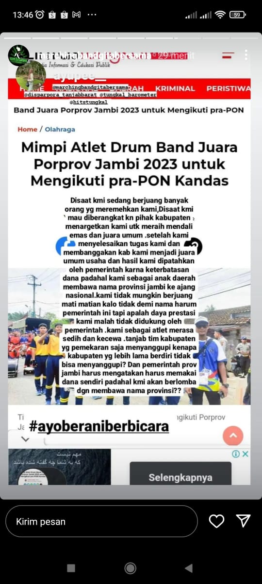 Viral Atlet Drumband Tanjabbar Tak ikut PraPON, Curhat Di Instagram Dan Netizen Ikut Kecewa