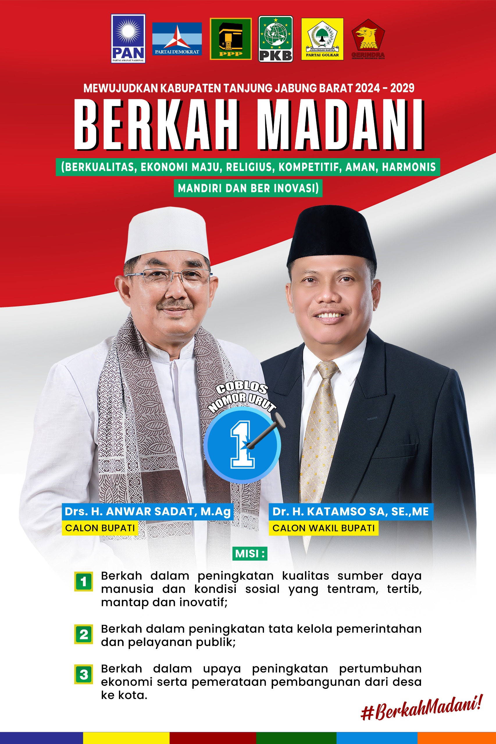 Usung Visi Mewujudkan Kabupaten Tanjab Barat BERKAH MADANI 2024-2029, Ini Misi UAS-Katamso Nomor Urut 01